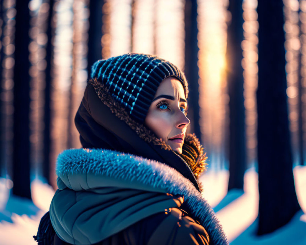 Woman in Winter Attire Contemplating Snow-Covered Forest at Sunset