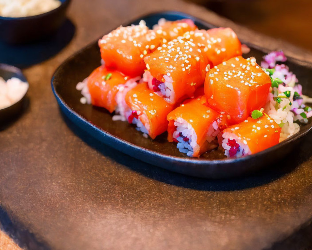 Fresh Salmon Sushi Rolls with Sesame Seeds on Black Plate