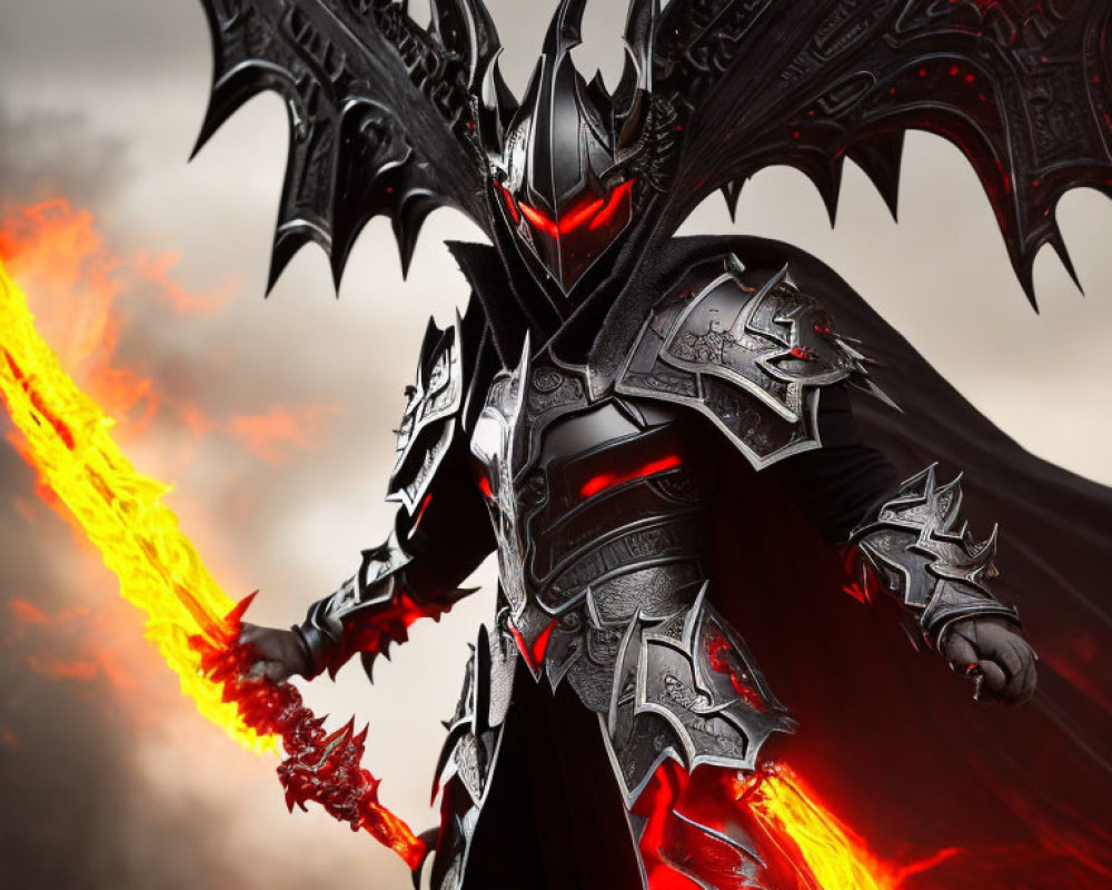 Dark Armor Figure with Glowing Eyes and Fiery Sword in Stormy Sky