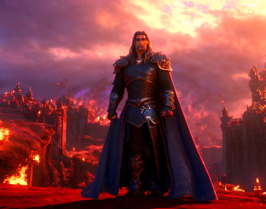 Armored figure in front of dark fantasy castle under red sky