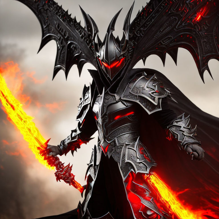 Dark Armor Figure with Glowing Eyes and Fiery Sword in Stormy Sky