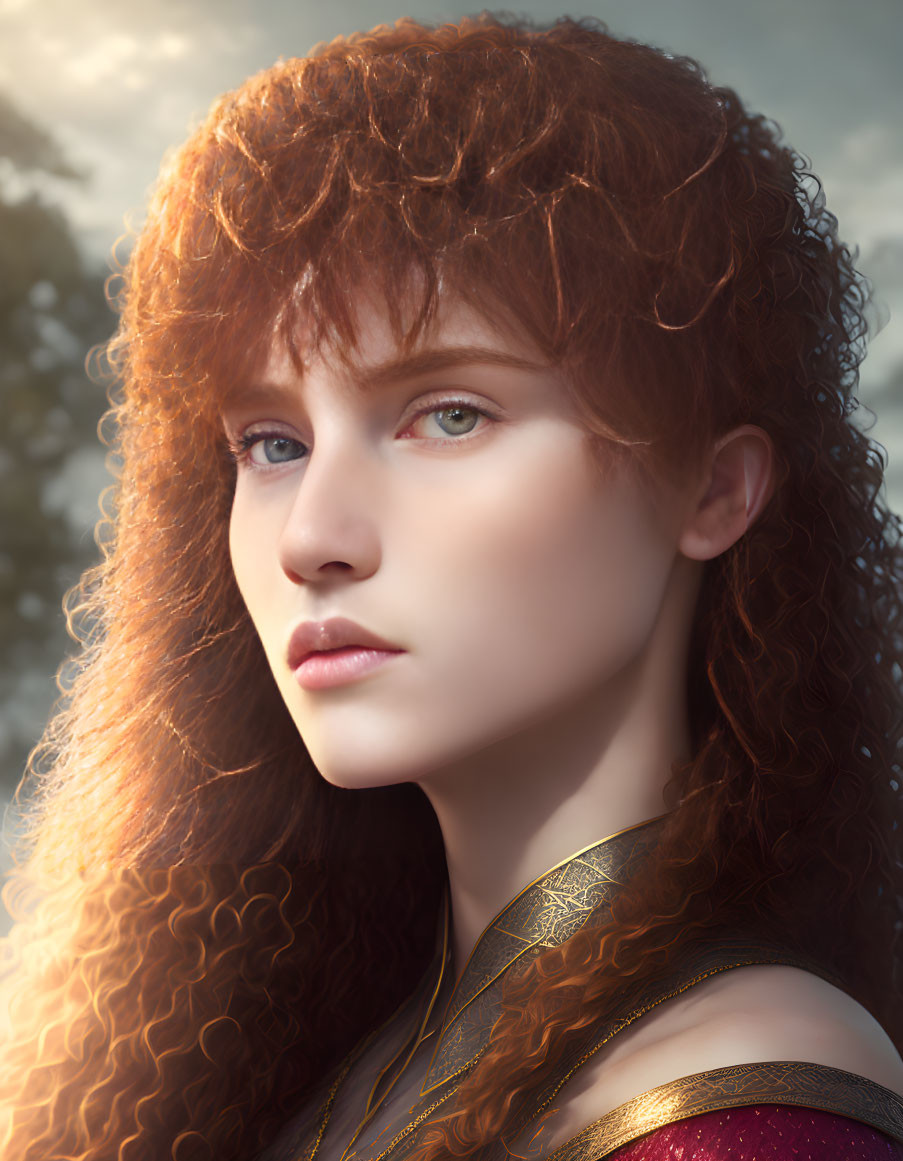 Portrait of woman with curly red hair and blue eyes in red and gold outfit