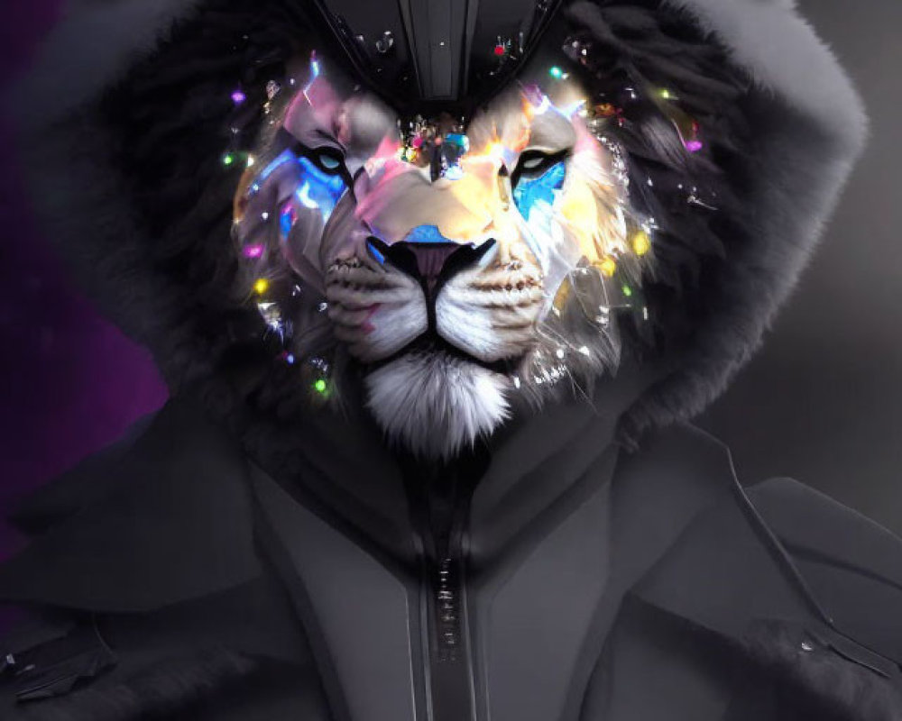 Lion's face in cosmic colors with wolf helmet and dark jacket