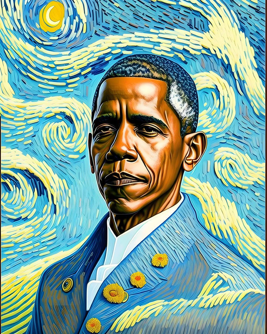 Serious man portrait in Van Gogh-esque swirling background