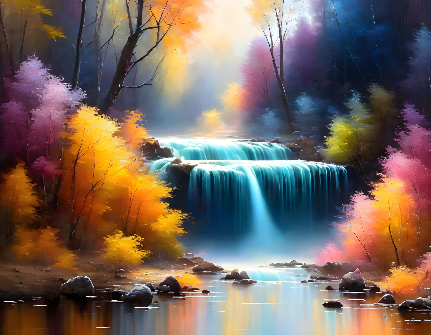 Colorful Forest Scene: Waterfall, Autumn Trees, Serene River