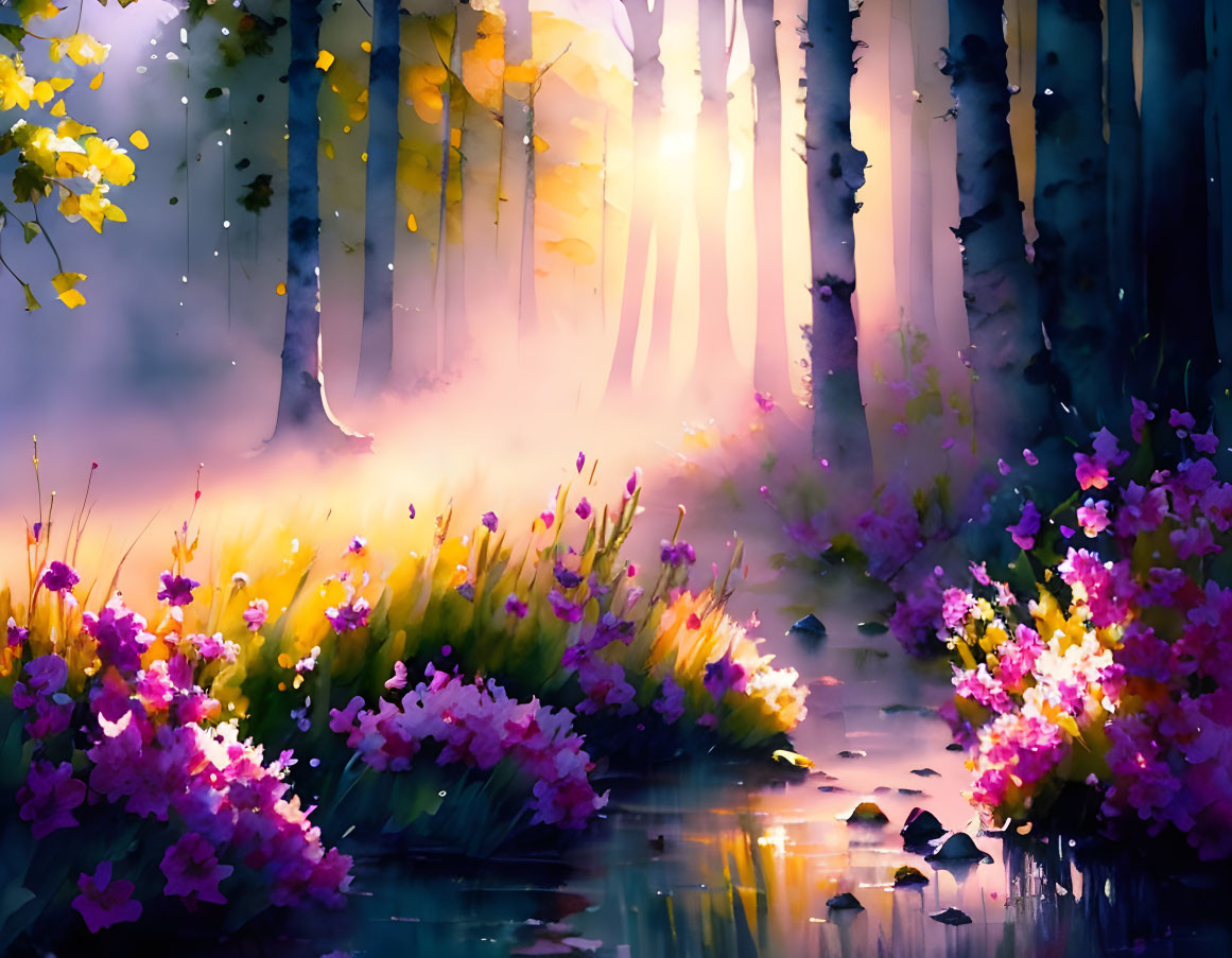 Sunlit forest digital painting with mist and pink/purple flowers by serene water body