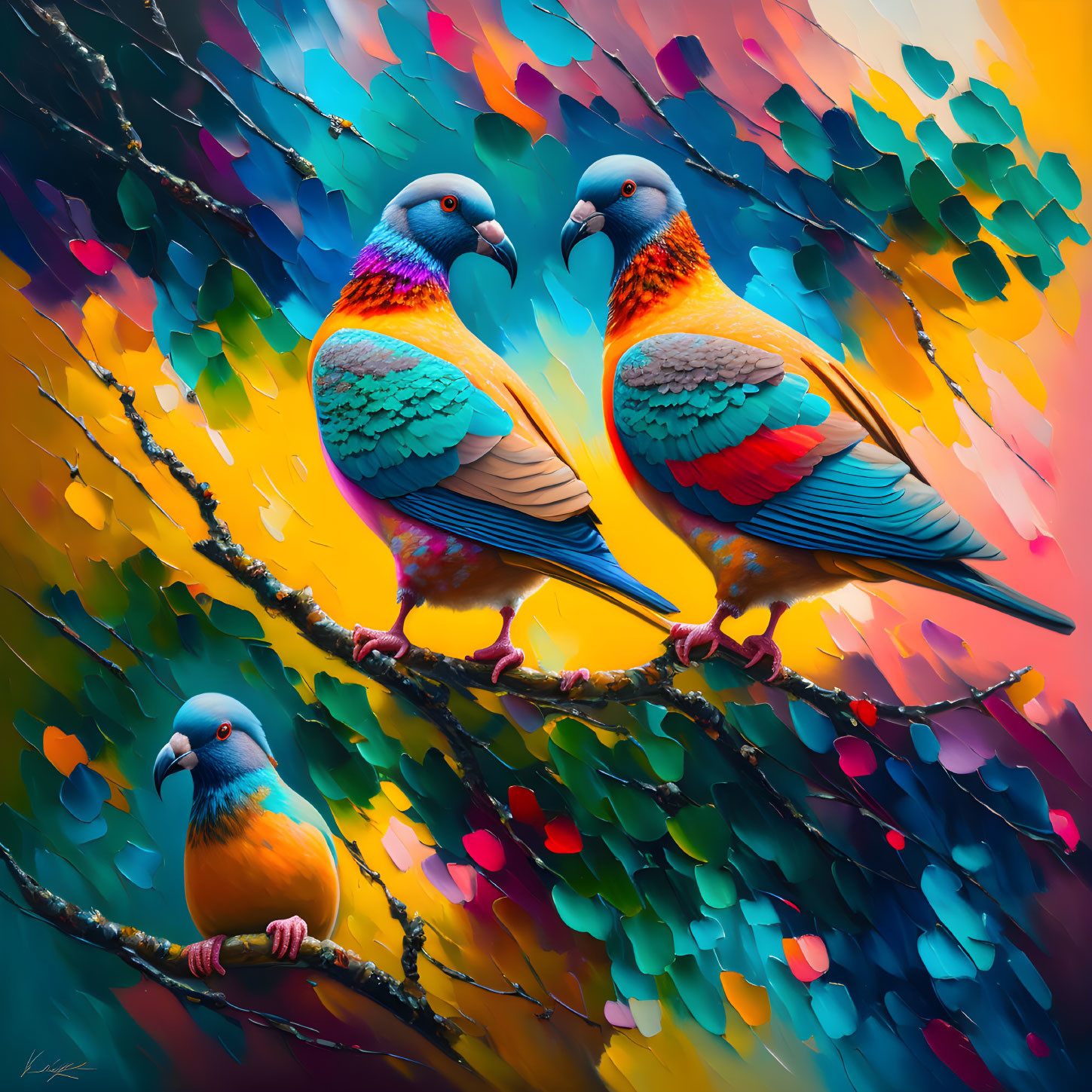 Colorful Parrots Perched on Branches Against Abstract Background