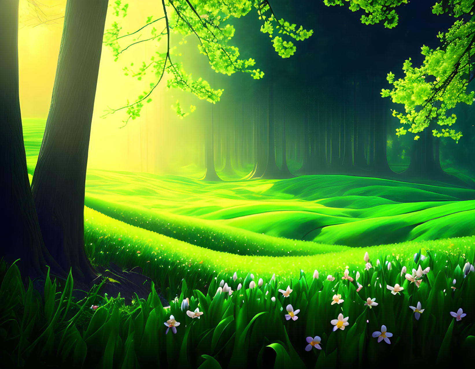 Lush forest with sunbeams on green grass and wildflowers