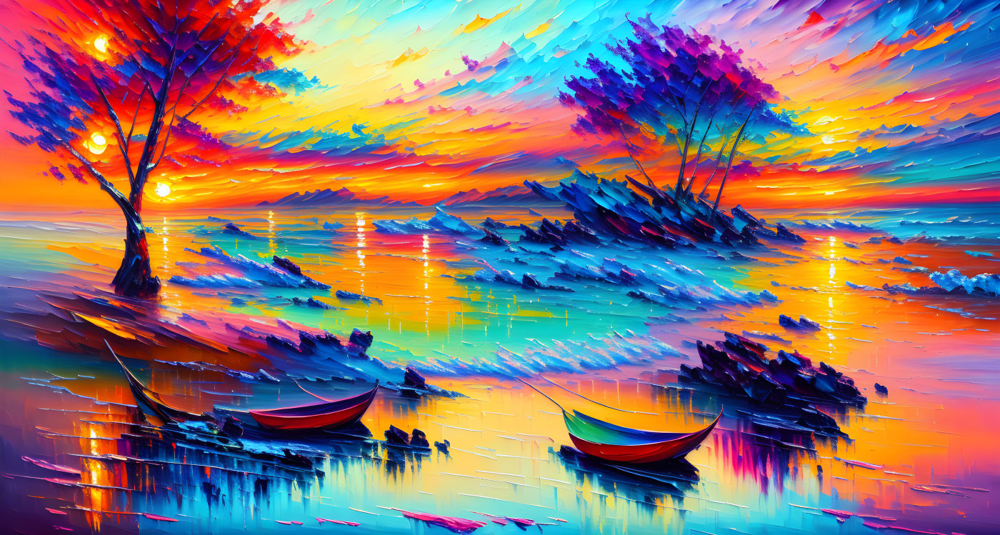 Colorful sunset painting with boats, water reflection, and illuminated trees.