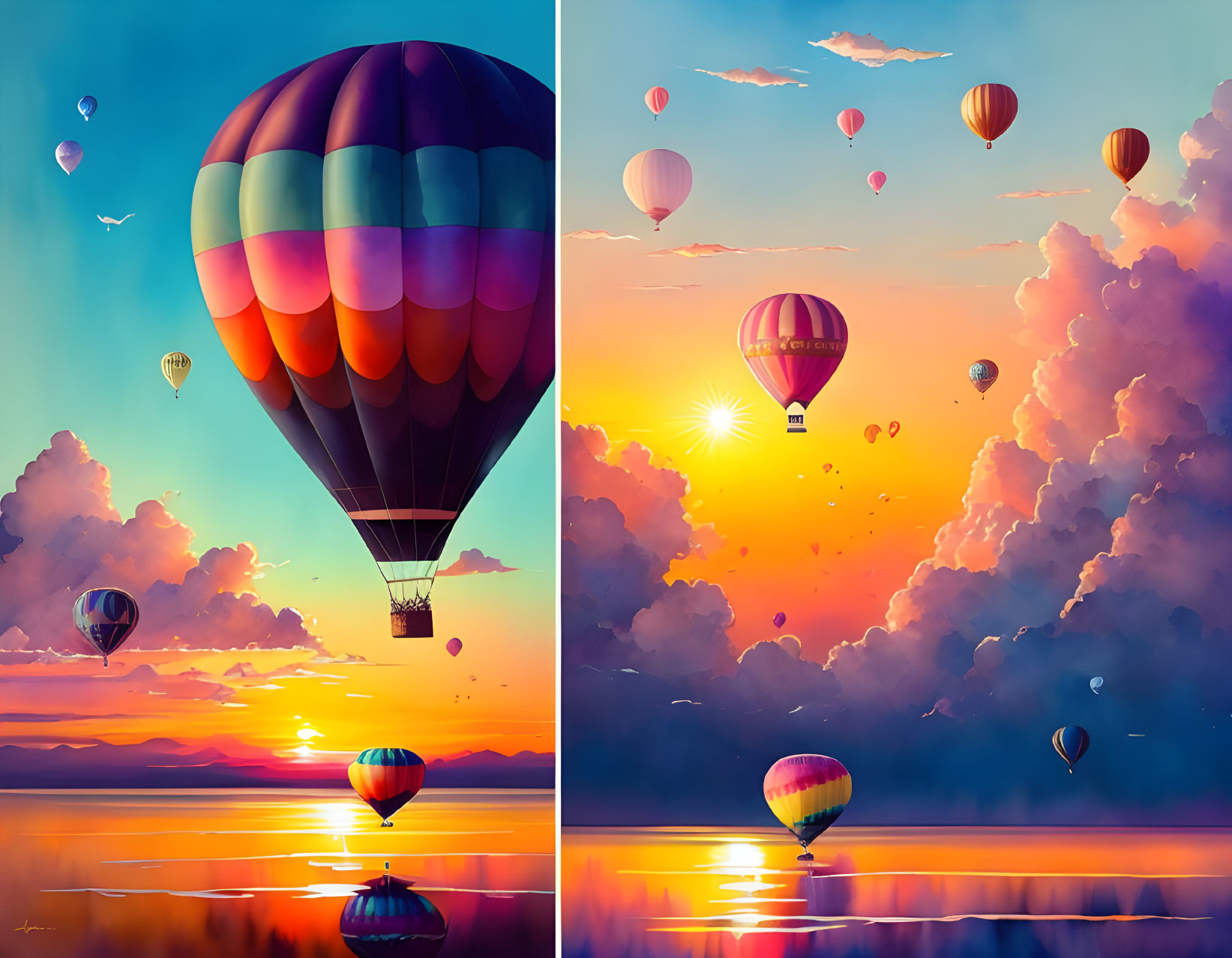 Vibrant hot air balloons over serene lake at sunset