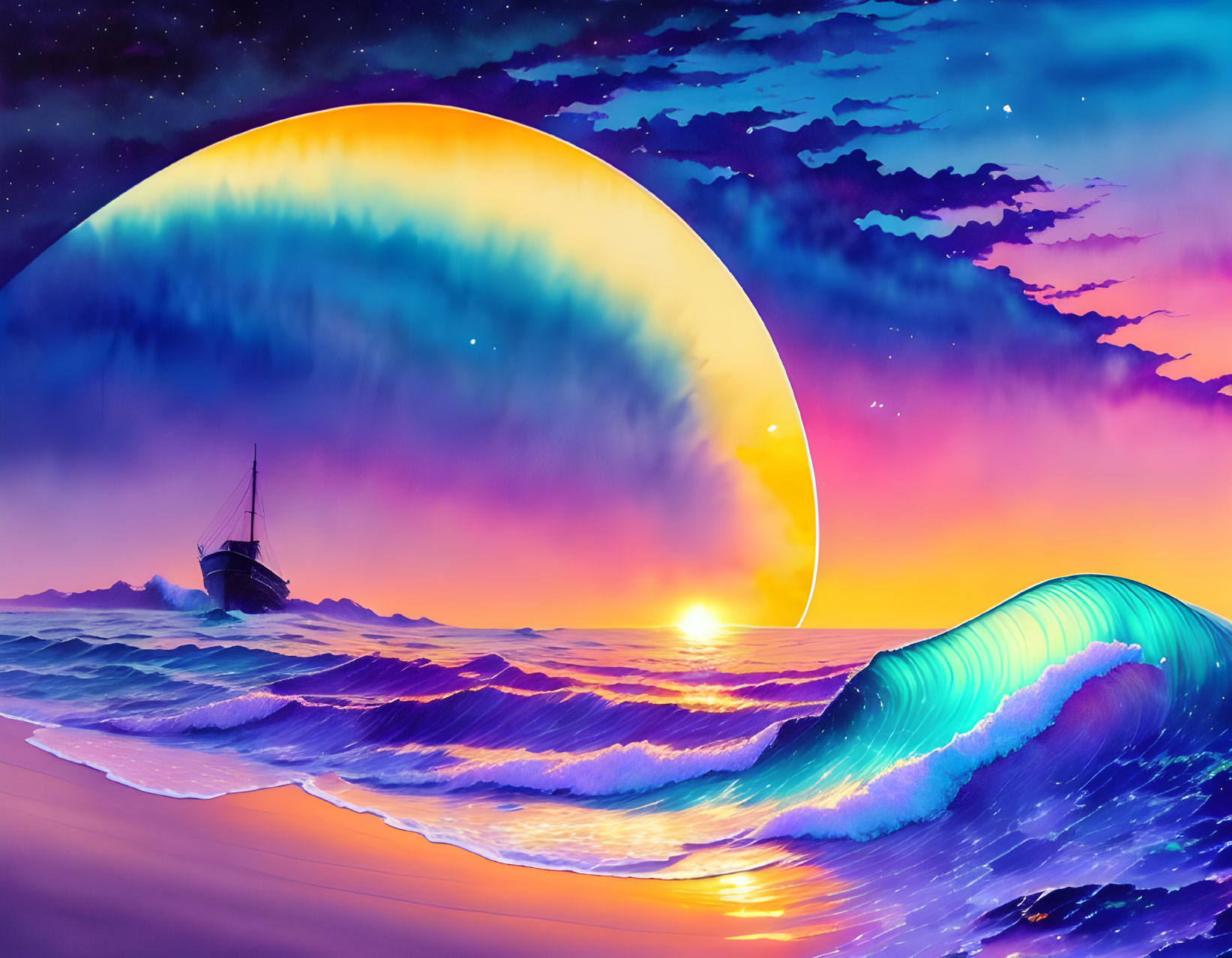 Vibrant seascape digital art with ship, wave, and oversized planet