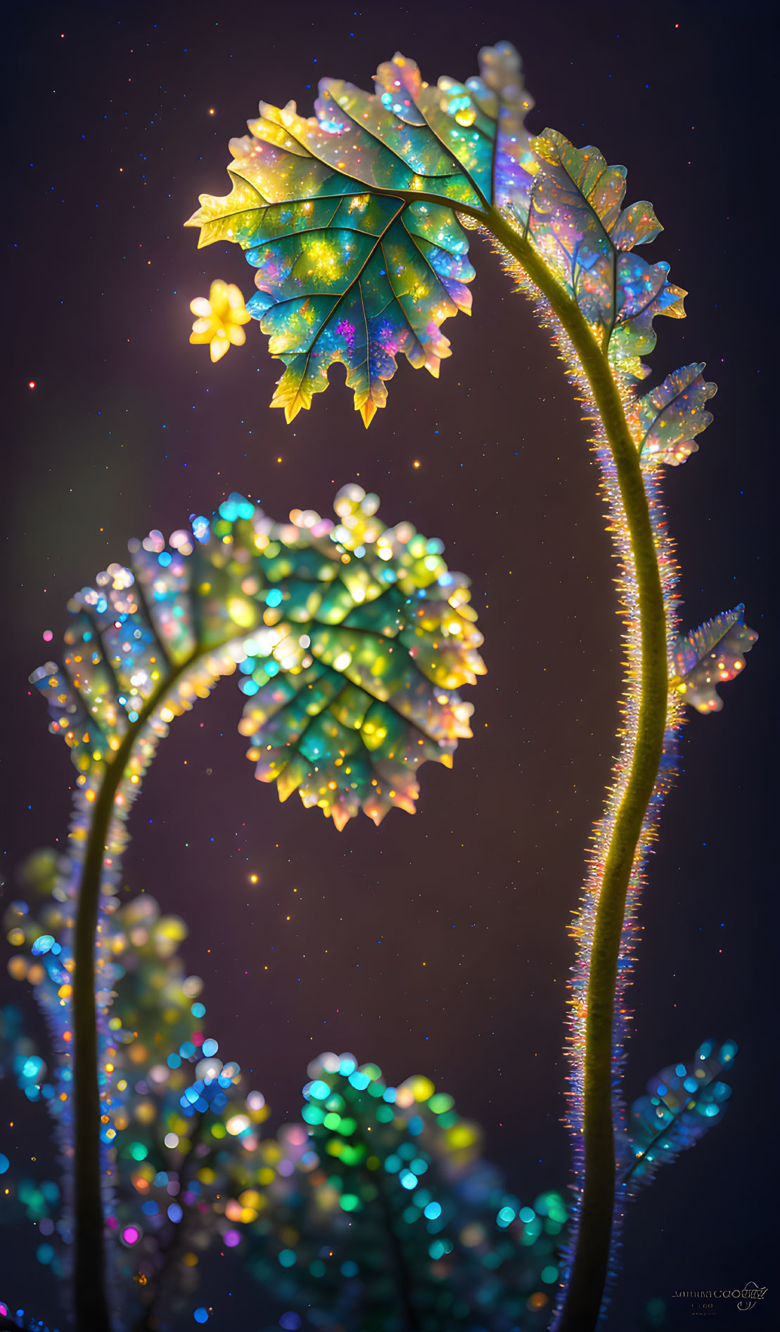 Iridescent Leaves on Stems in Starry Background