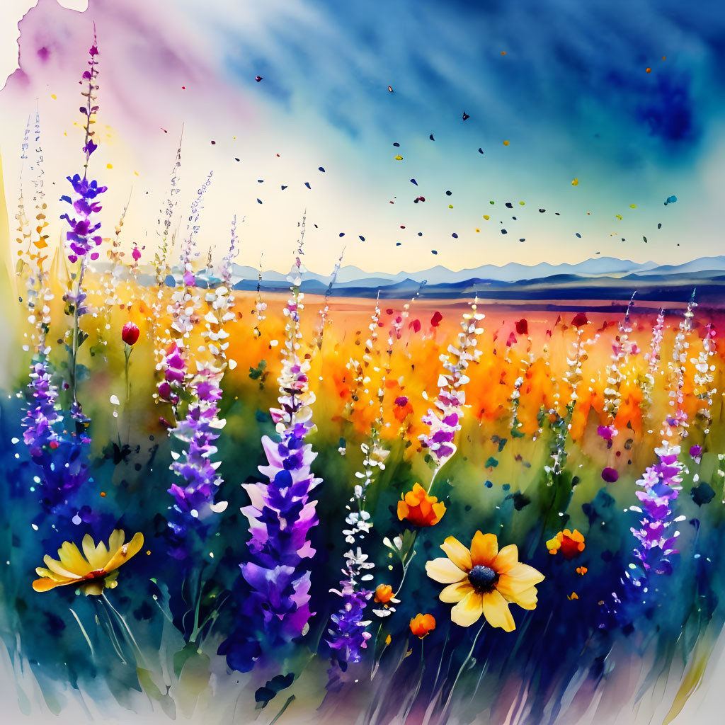 Colorful Wildflower Field with Mountain Range in Watercolor