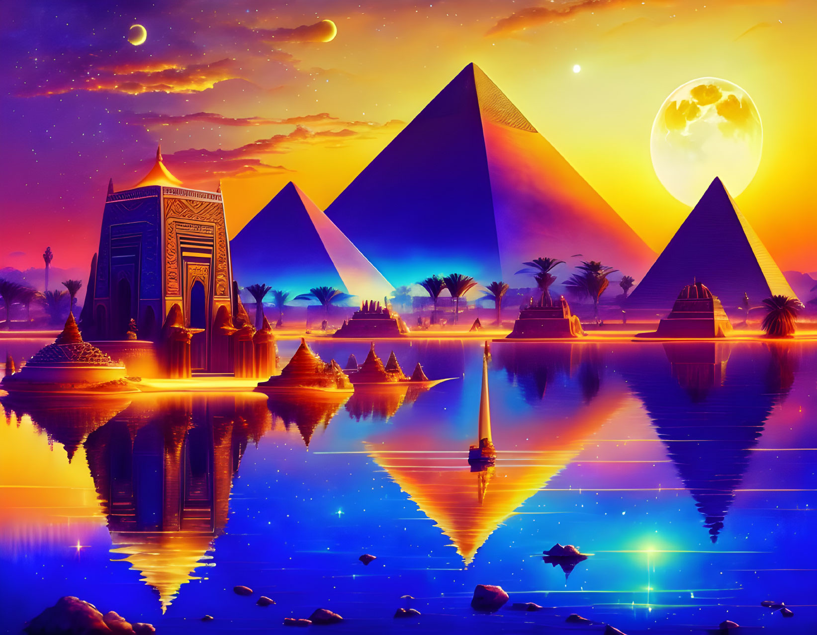 Surreal artwork of Egyptian pyramids by reflective water under twilight sky