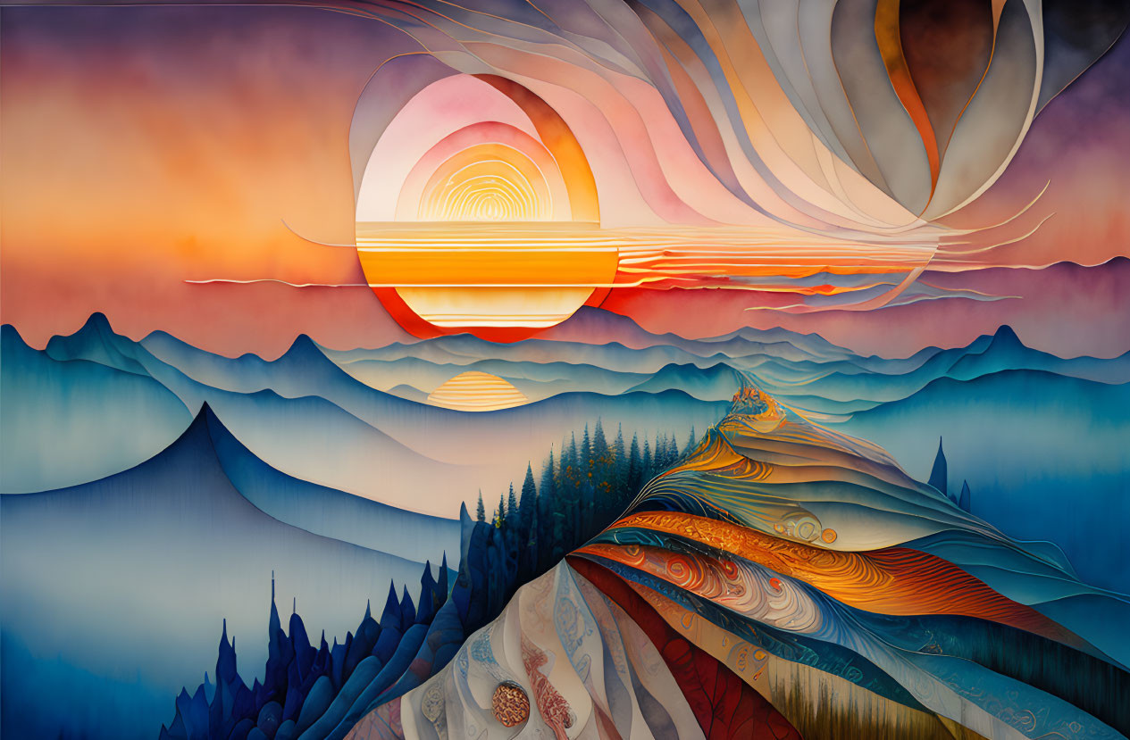 Colorful artwork of stylized sunset behind mountains with swirling warm tones.