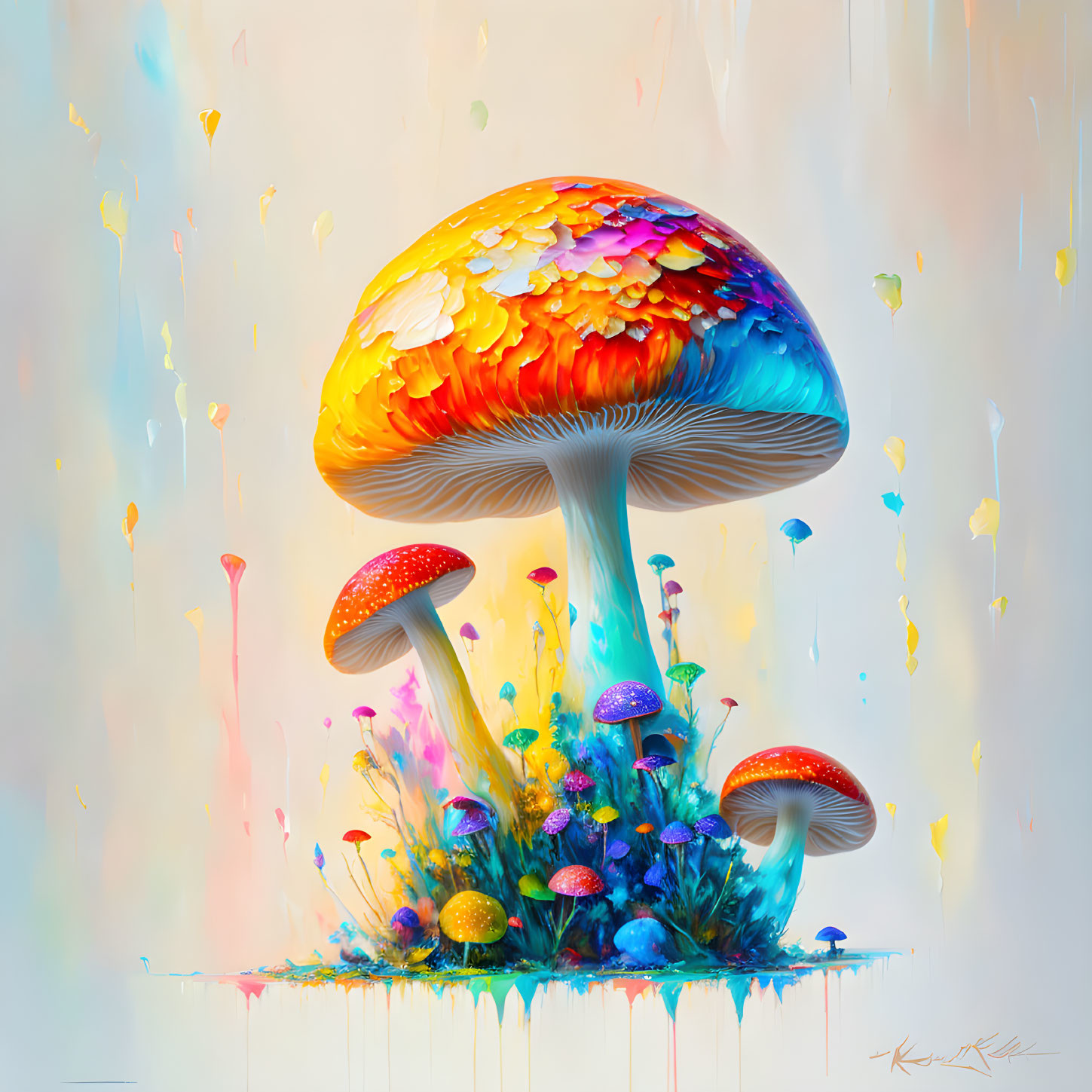 Colorful digital painting: stylized mushrooms, paint splashes, and flowers.