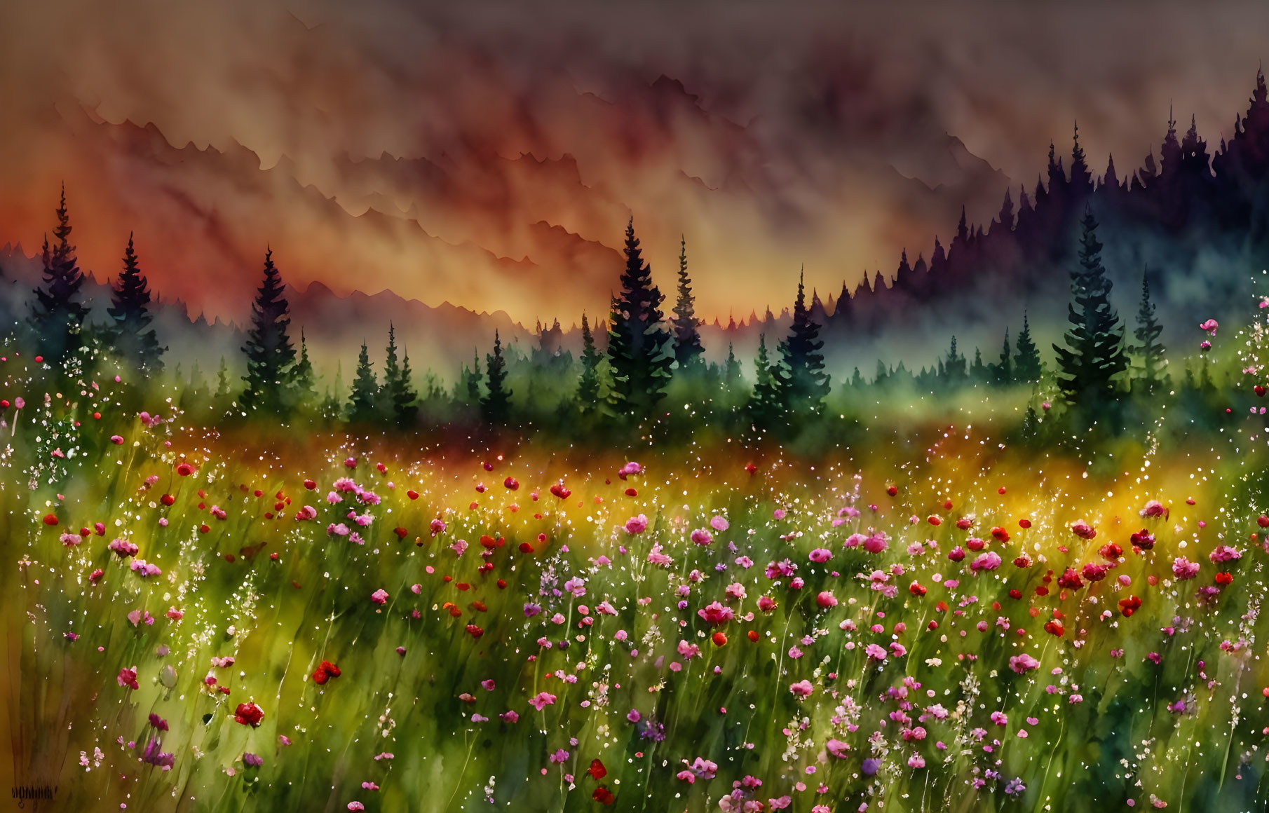 Vivid Watercolor Painting of Flower-Filled Meadow at Dusk