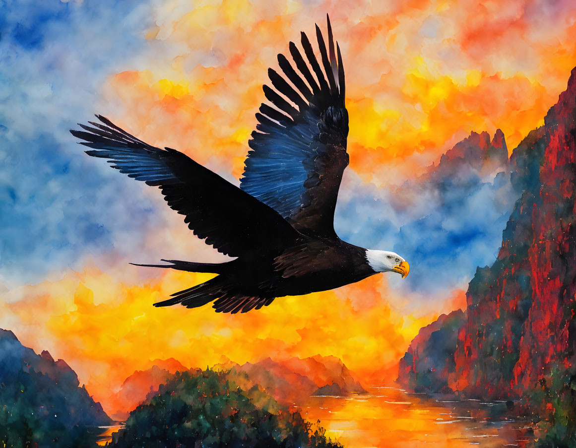 Bald eagle soaring in fiery sunset over river & mountains