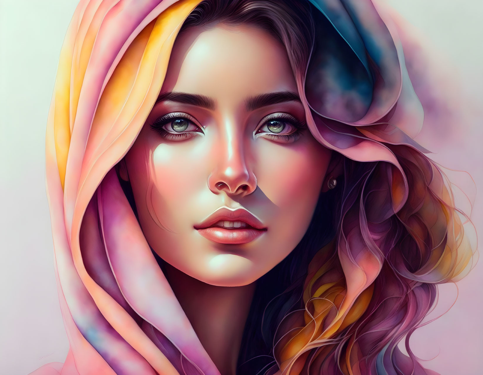 Colorful digital artwork: Woman with luminous eyes and headscarf