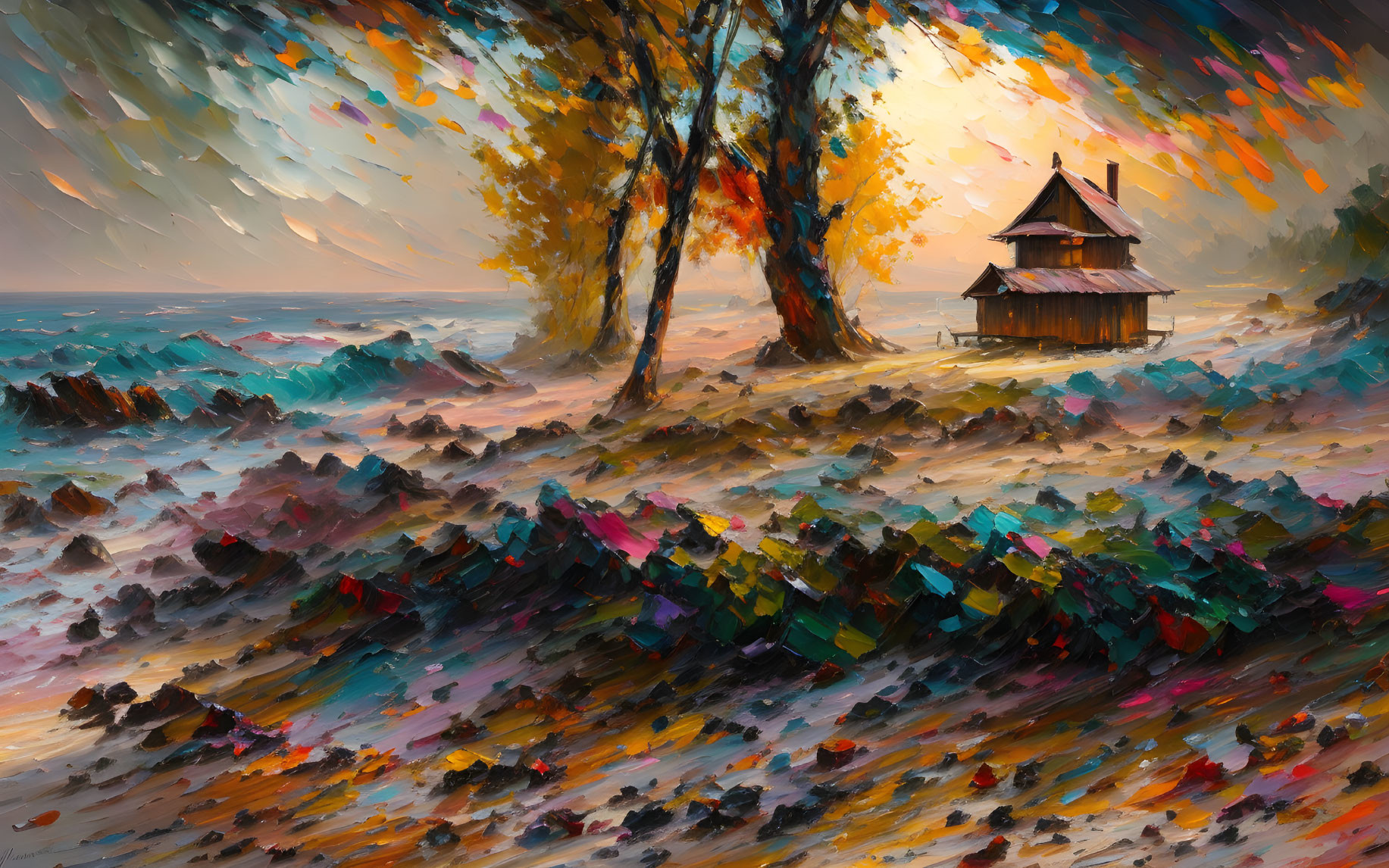 Coastal Sunset Impressionist Painting with Vibrant Colors