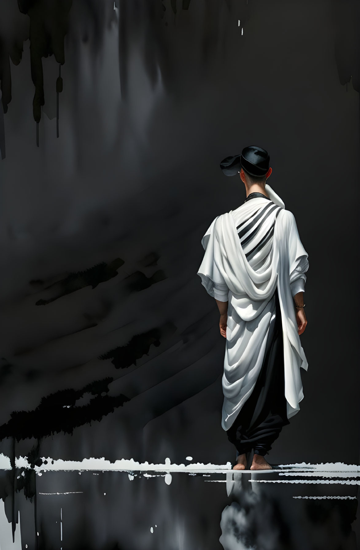 Person in white robes and cap on reflective surface gazing into dark cavern with stalactites