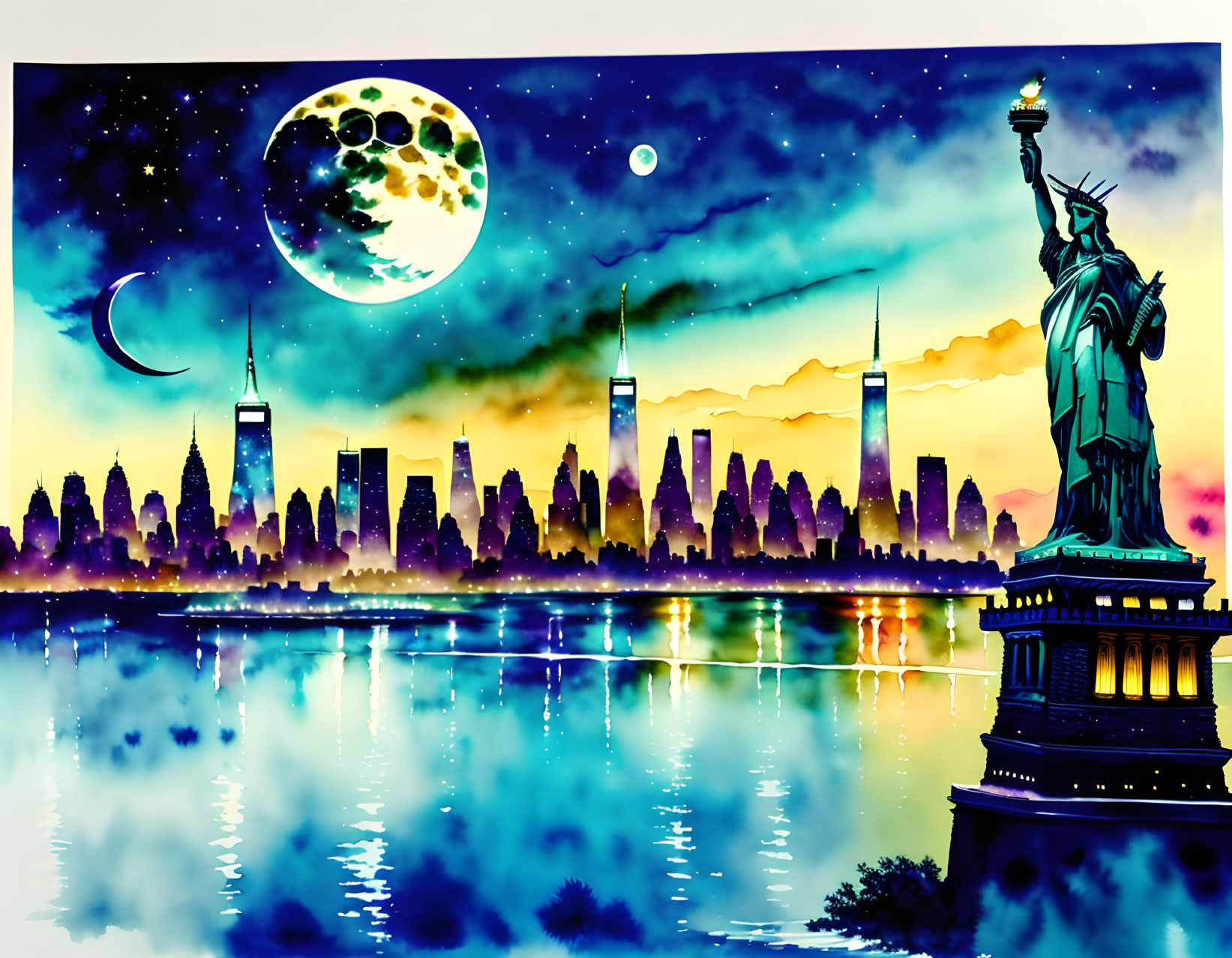 Vibrant New York City skyline night illustration with Statue of Liberty and crescent moon planet.