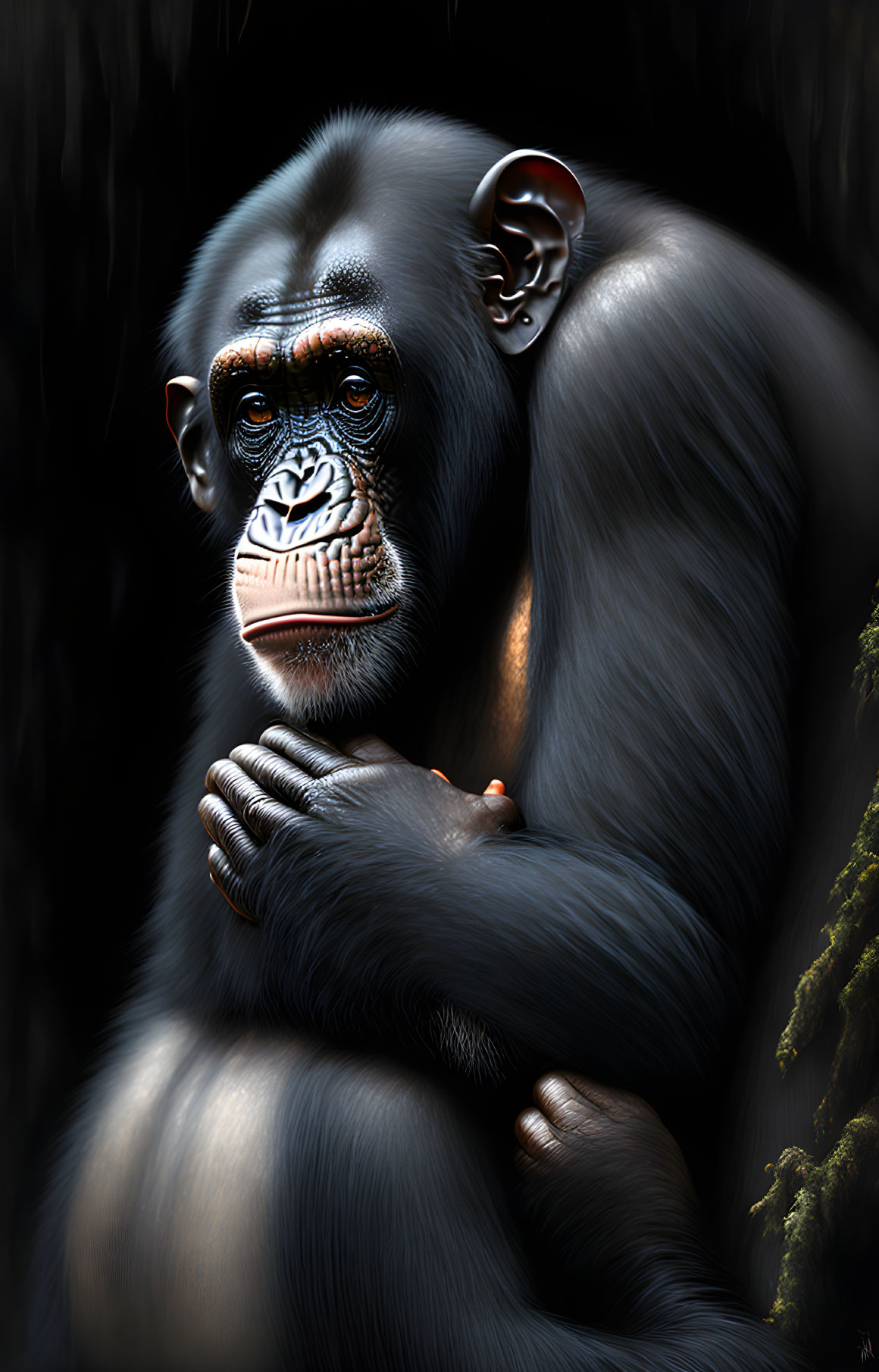 Realistic chimpanzee with folded arms on dark background