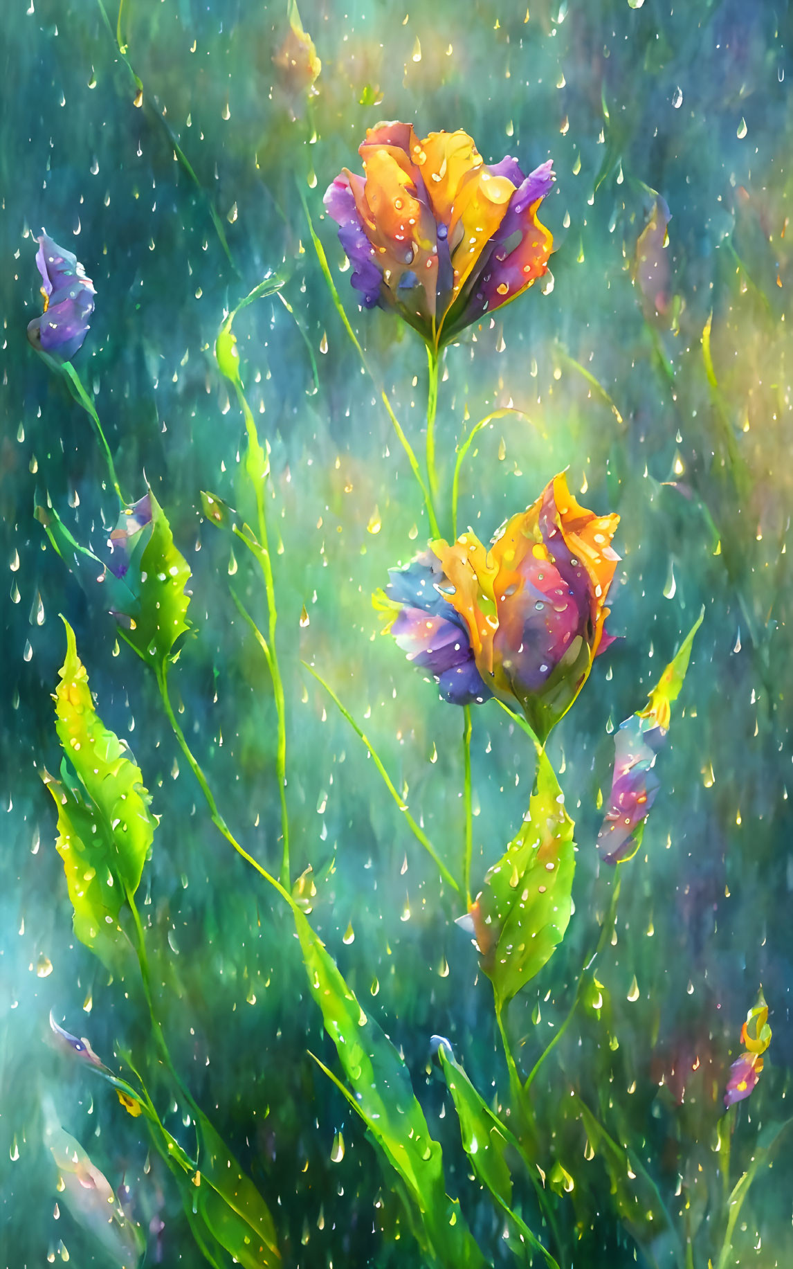 Vibrant flowers with raindrops in misty setting, illuminated by light