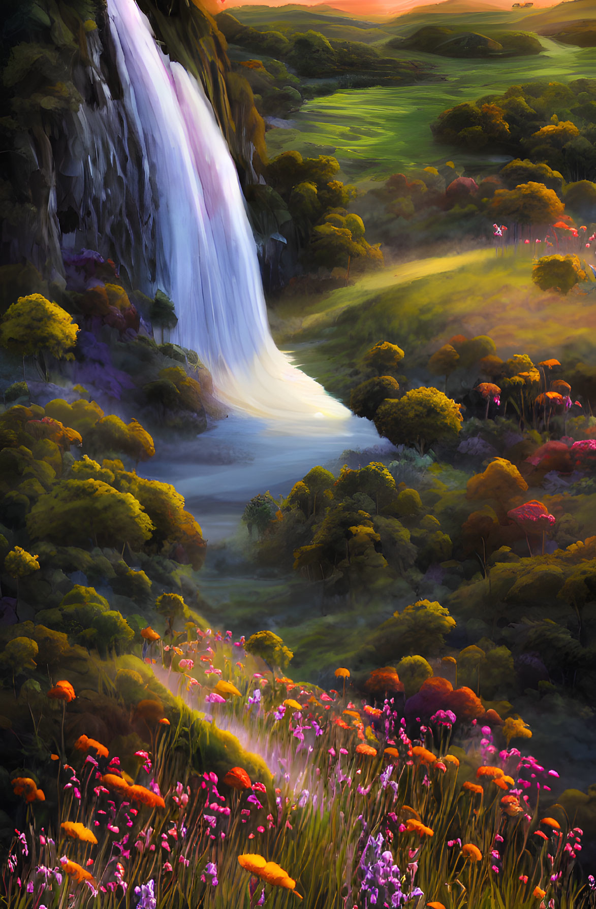 Scenic waterfall in colorful meadow with flowers