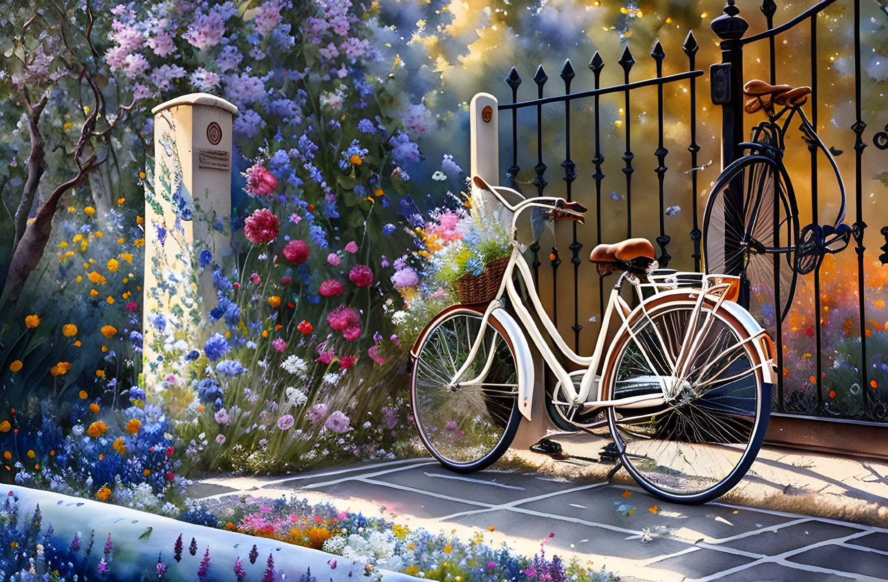 Vintage Bicycle Against Floral Garden and Iron Gate with Sunlight Filtering Through Blossoming Trees