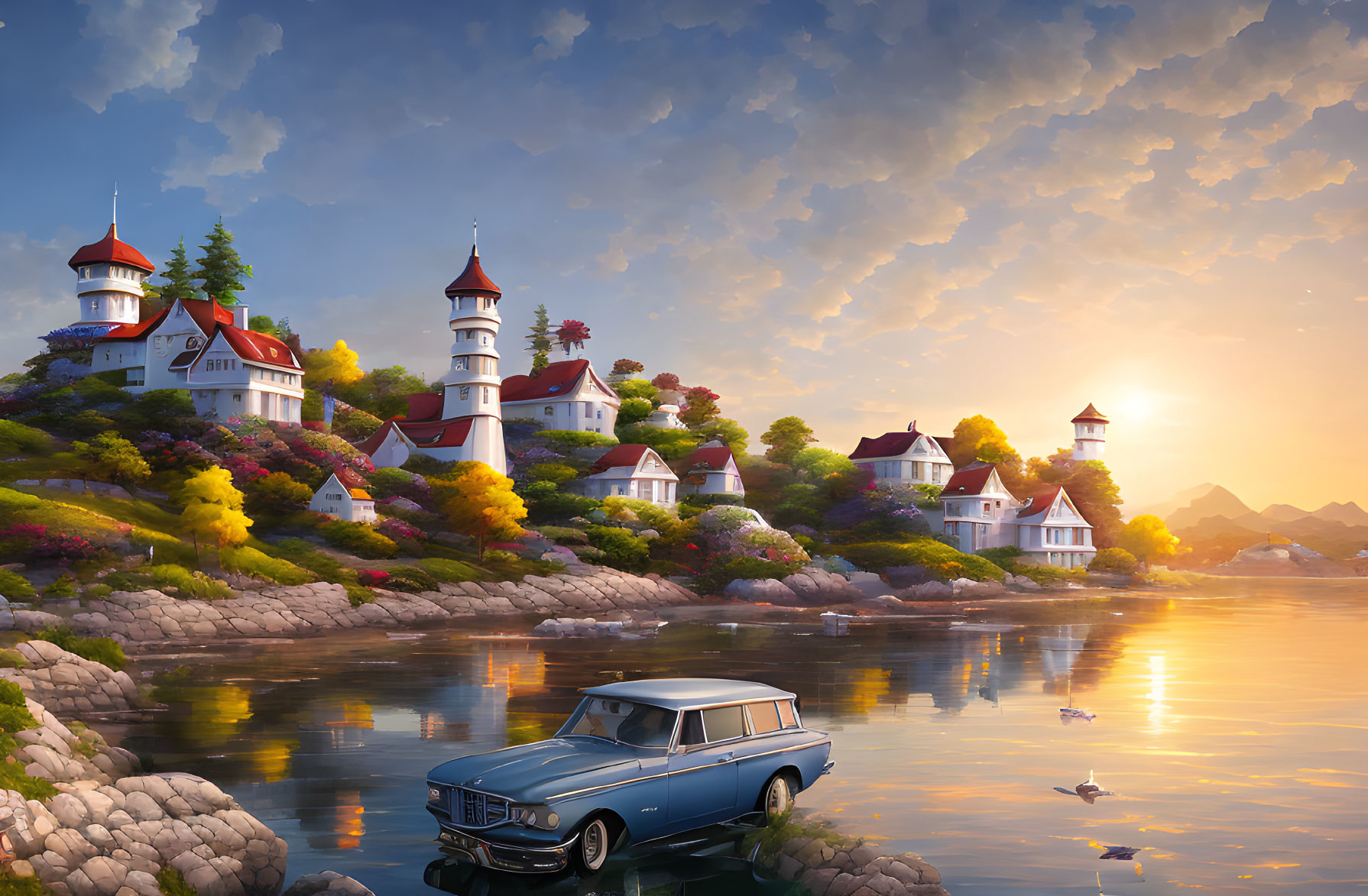 Scenic lakeside village with colorful foliage, quaint houses, vintage car, and ducks in sunset sky