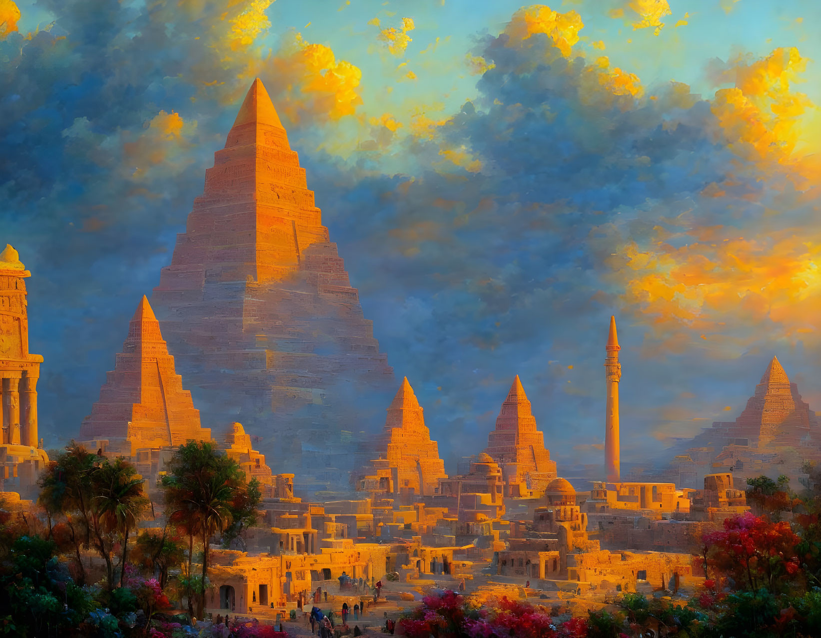 Colorful painting of ancient Egyptian pyramids and structures under a vibrant sky.