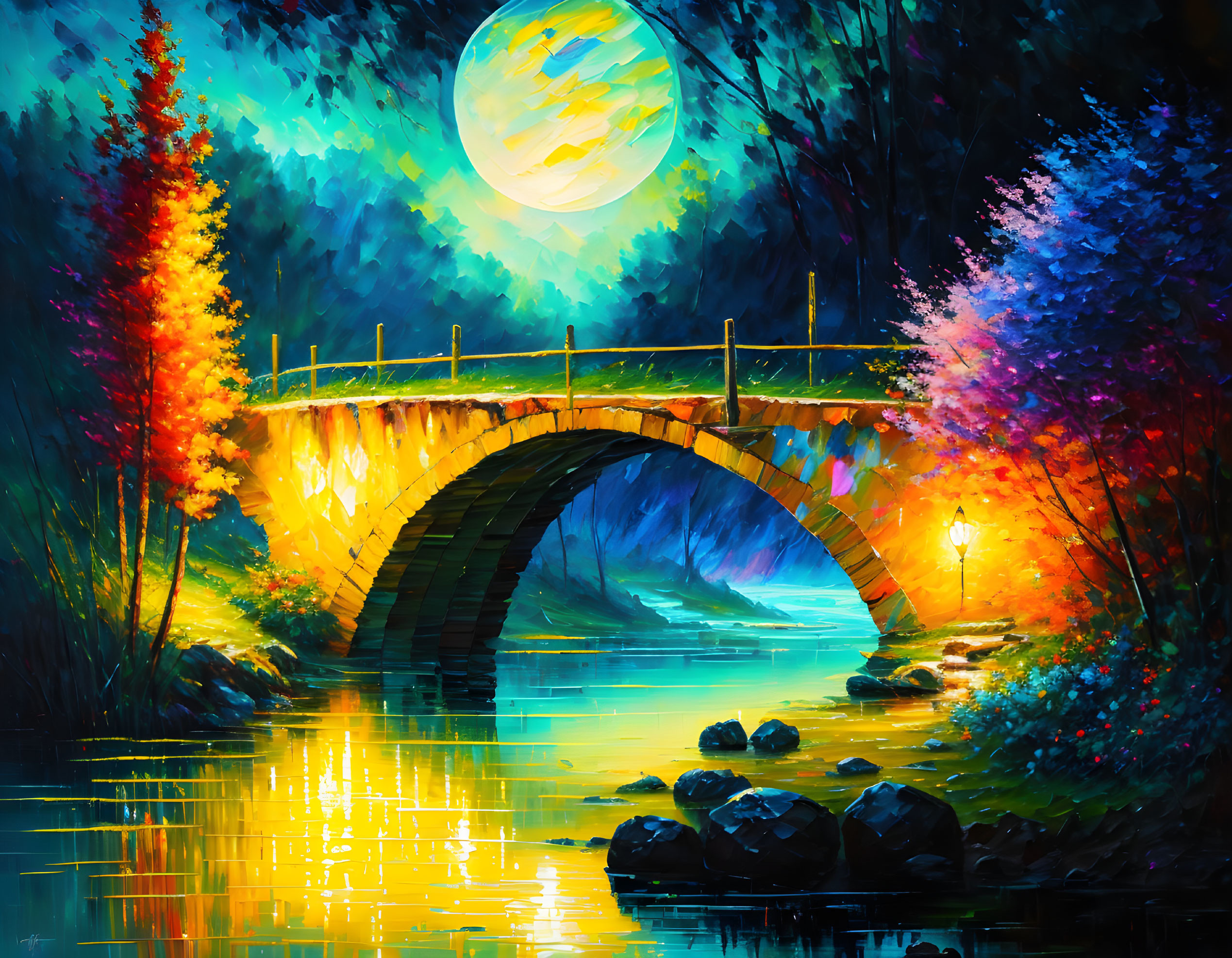 Moonlit Night Painting: Stone Bridge, Calm River, Colorful Trees