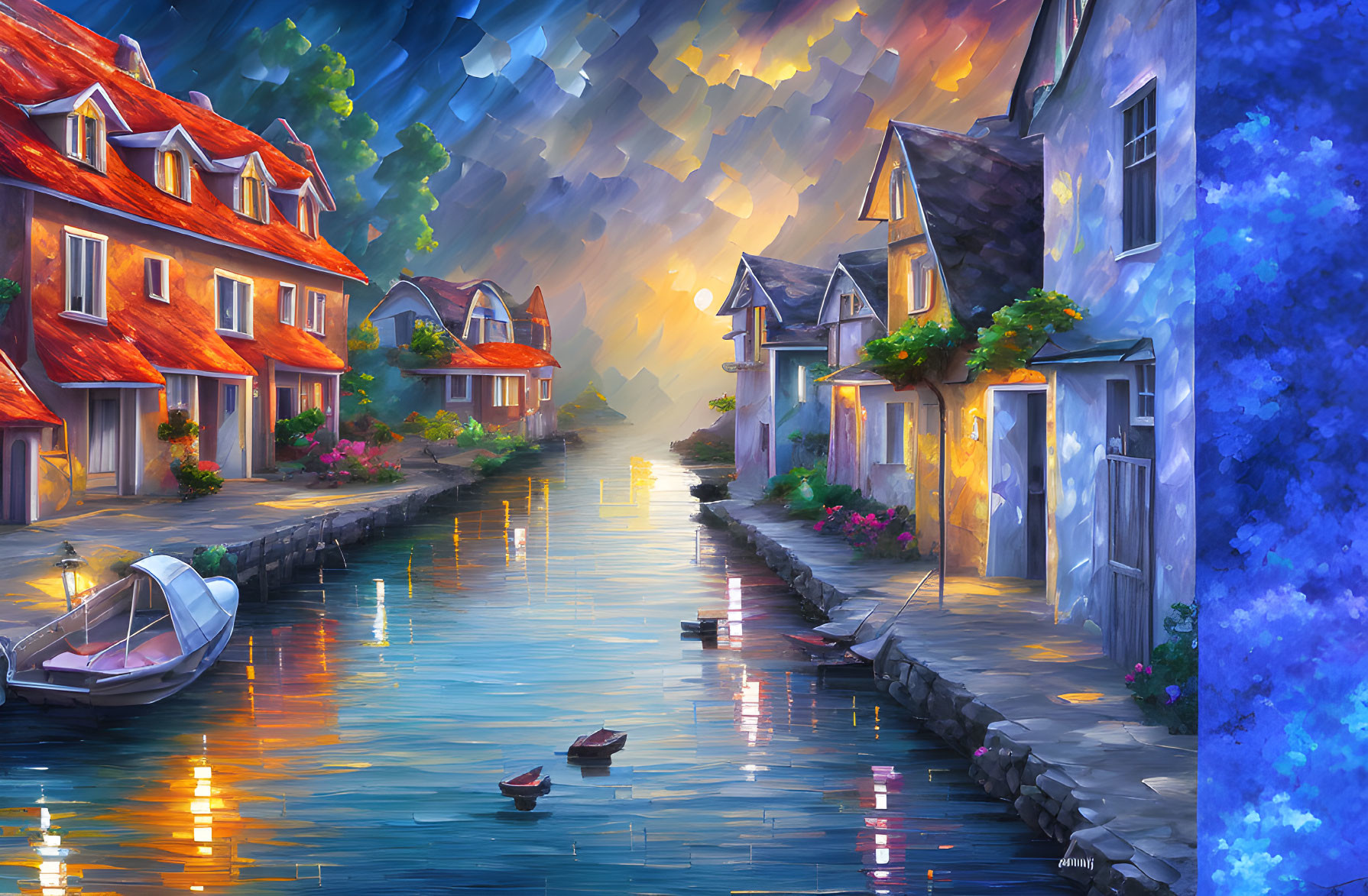 Colorful Canal Painting with Houses, Boat, and Evening Sky