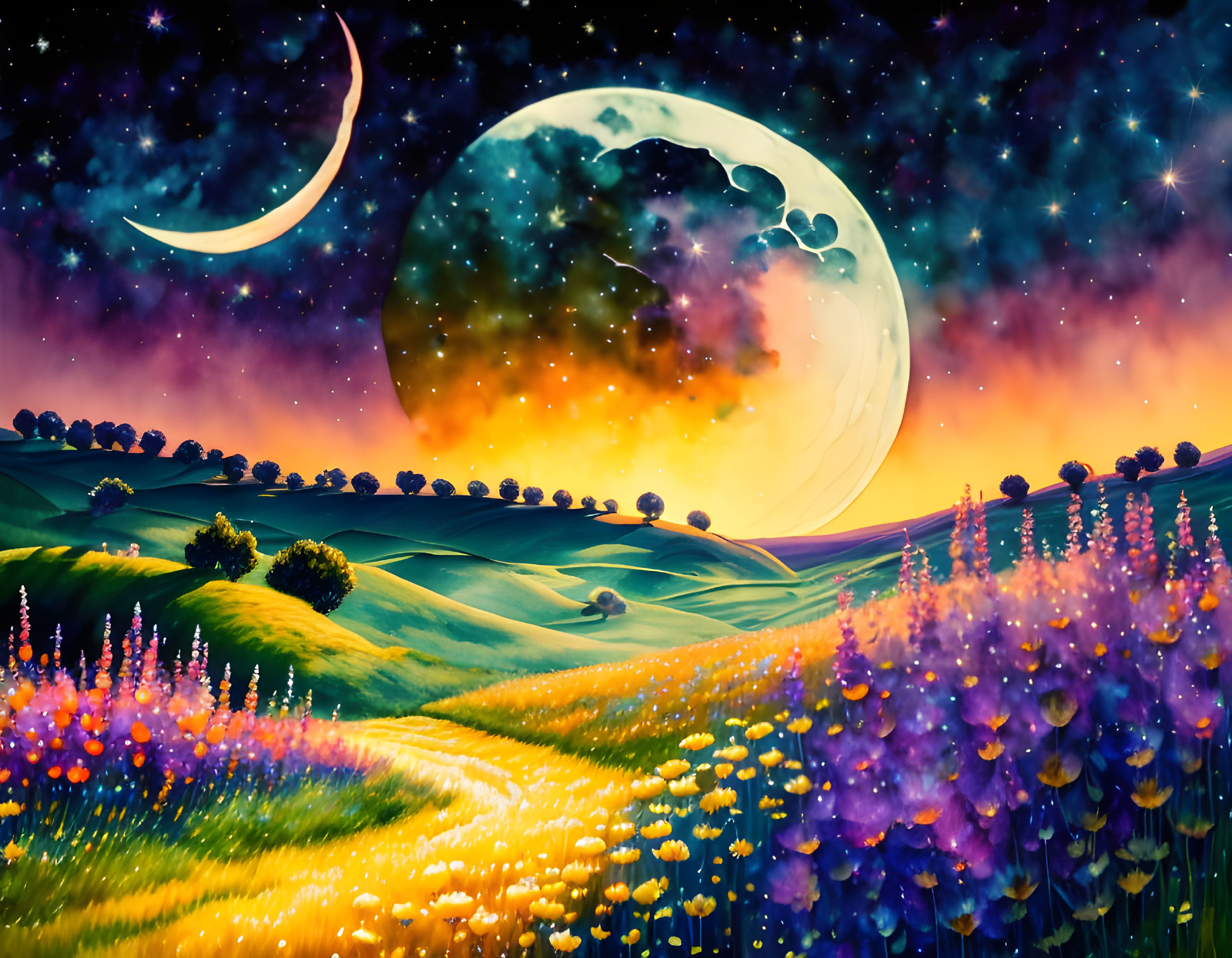 Colorful landscape with hills, flowers, moon, planet, and twilight sky