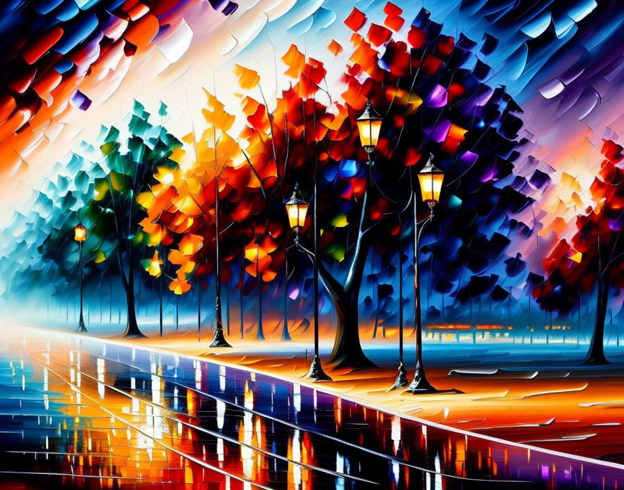 Colorful Abstract Painting of Trees Along Wet Pathway