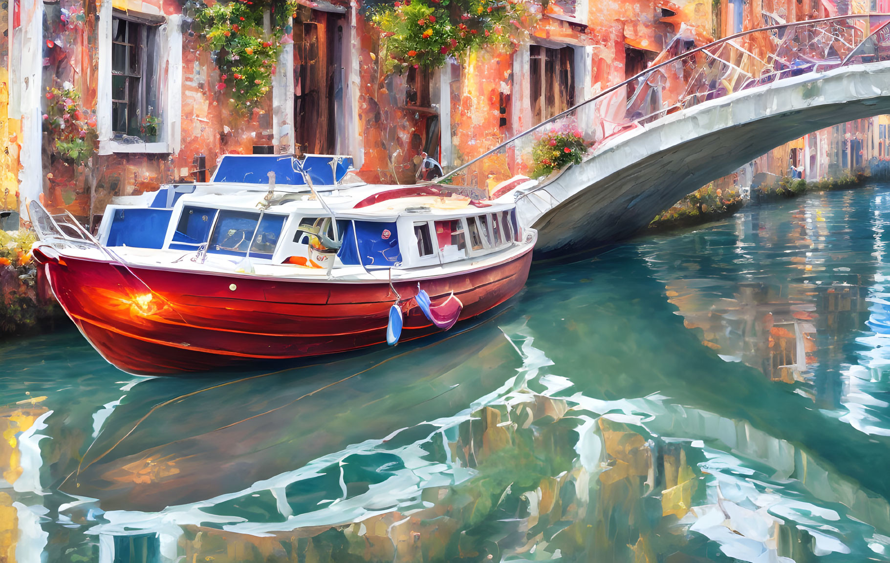 Red boat under stone bridge by building with orange blossoms in Venetian canal