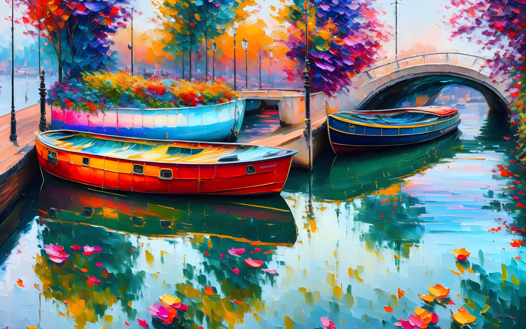 Colorful Autumn Canal Scene with Boats and Bridge