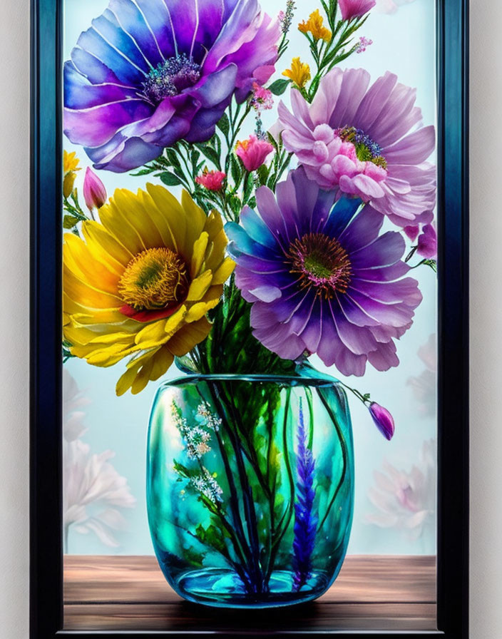 Colorful Flowers in Blue Vase by Sunlit Window