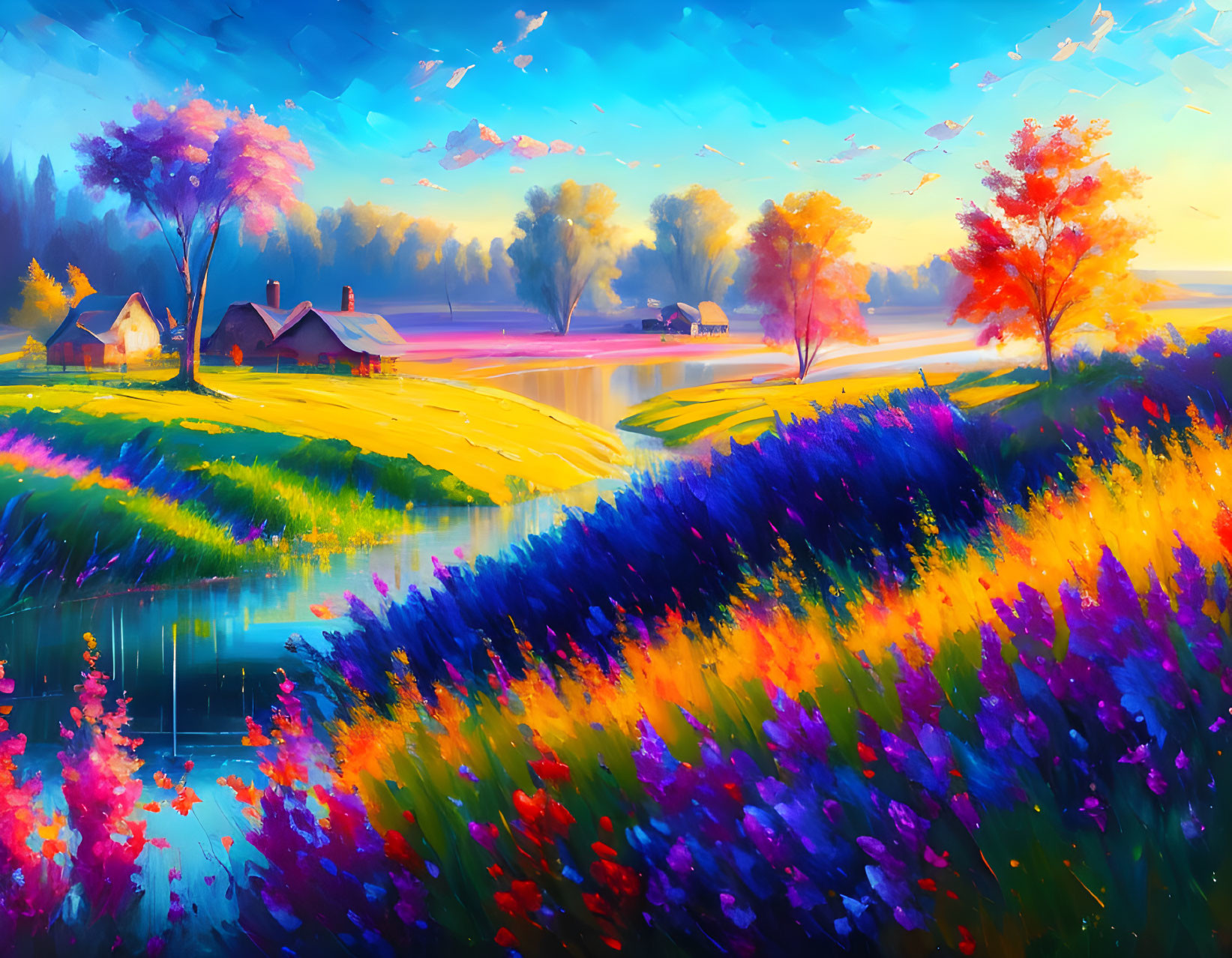 Colorful Landscape Painting: Serene Lake, Cottages, Flowers & Sunset Sky