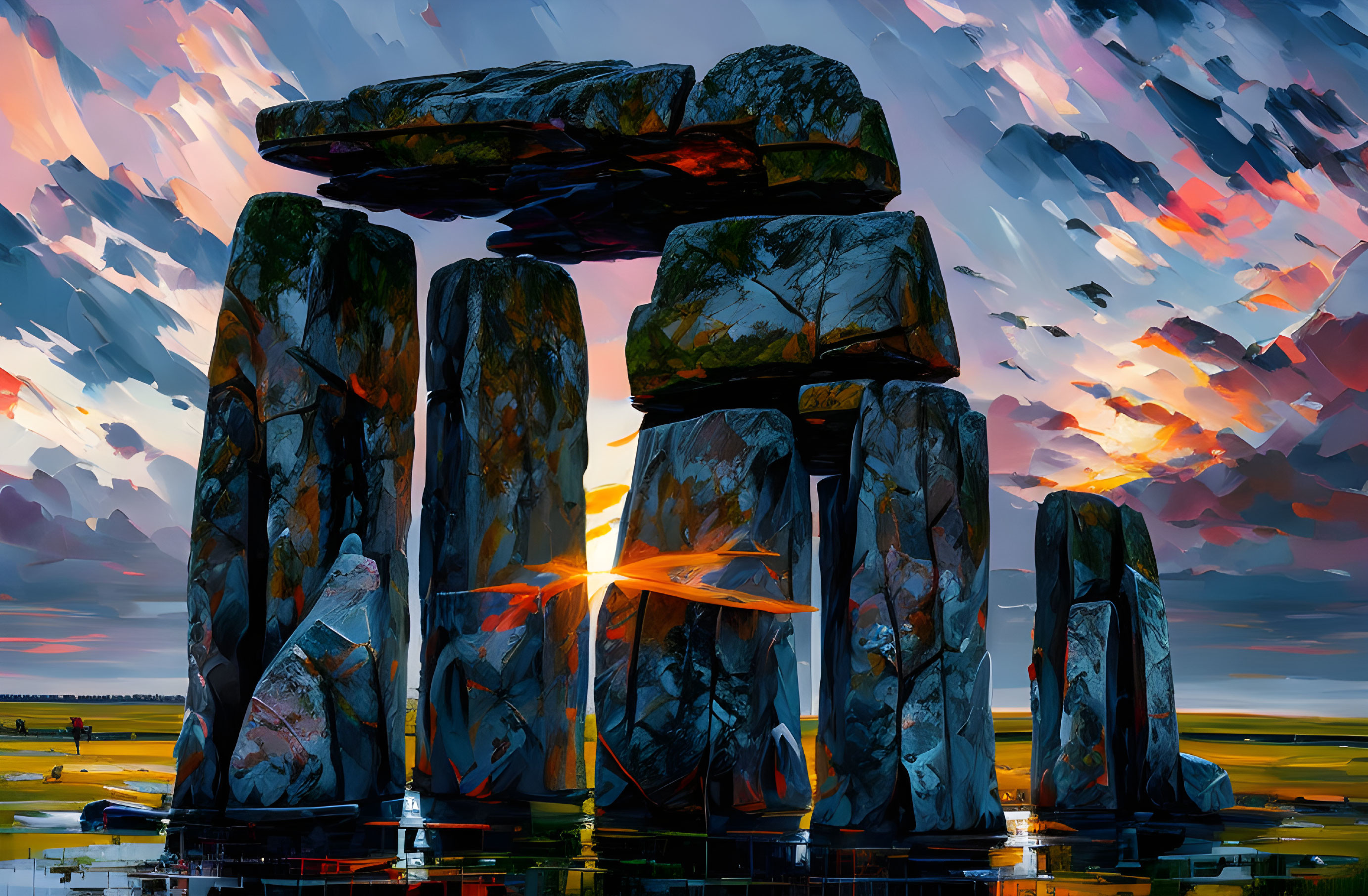 Digital Painting: Stonehenge at Sunset with Reflecting Sky