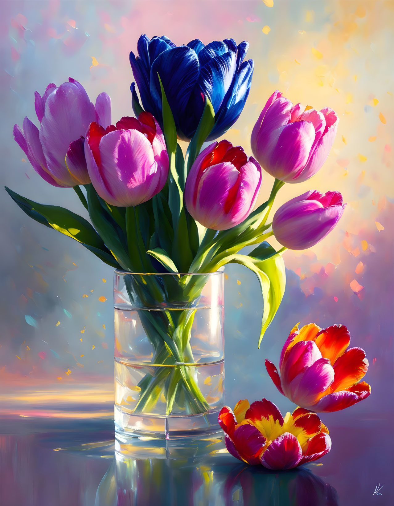 Colorful Pink and Blue Tulip Bouquet in Glass Vase