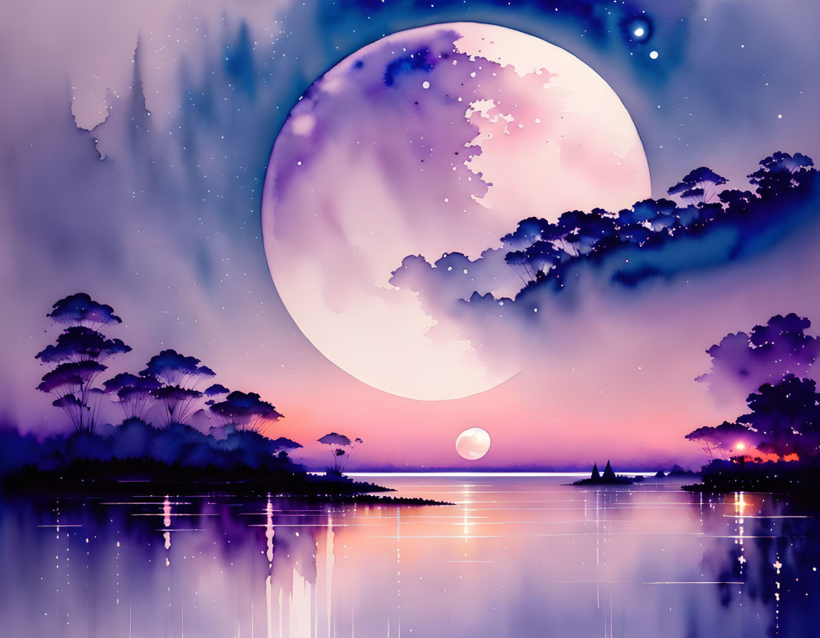 Purple-hued landscape with moon, reflective waters, and silhouetted trees under starry sky