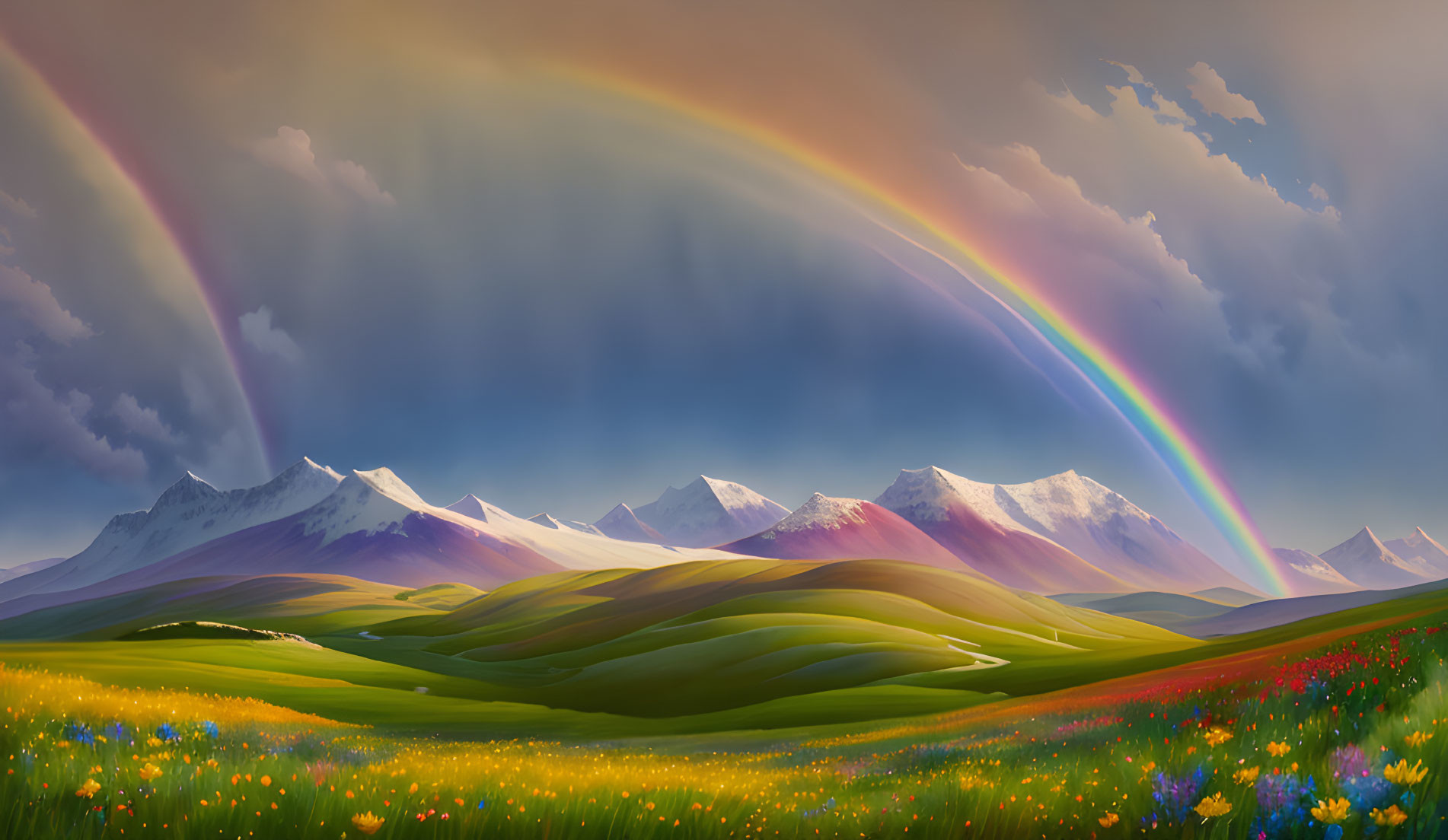 Scenic landscape with double rainbow, green hills, flowers, and snowy mountains