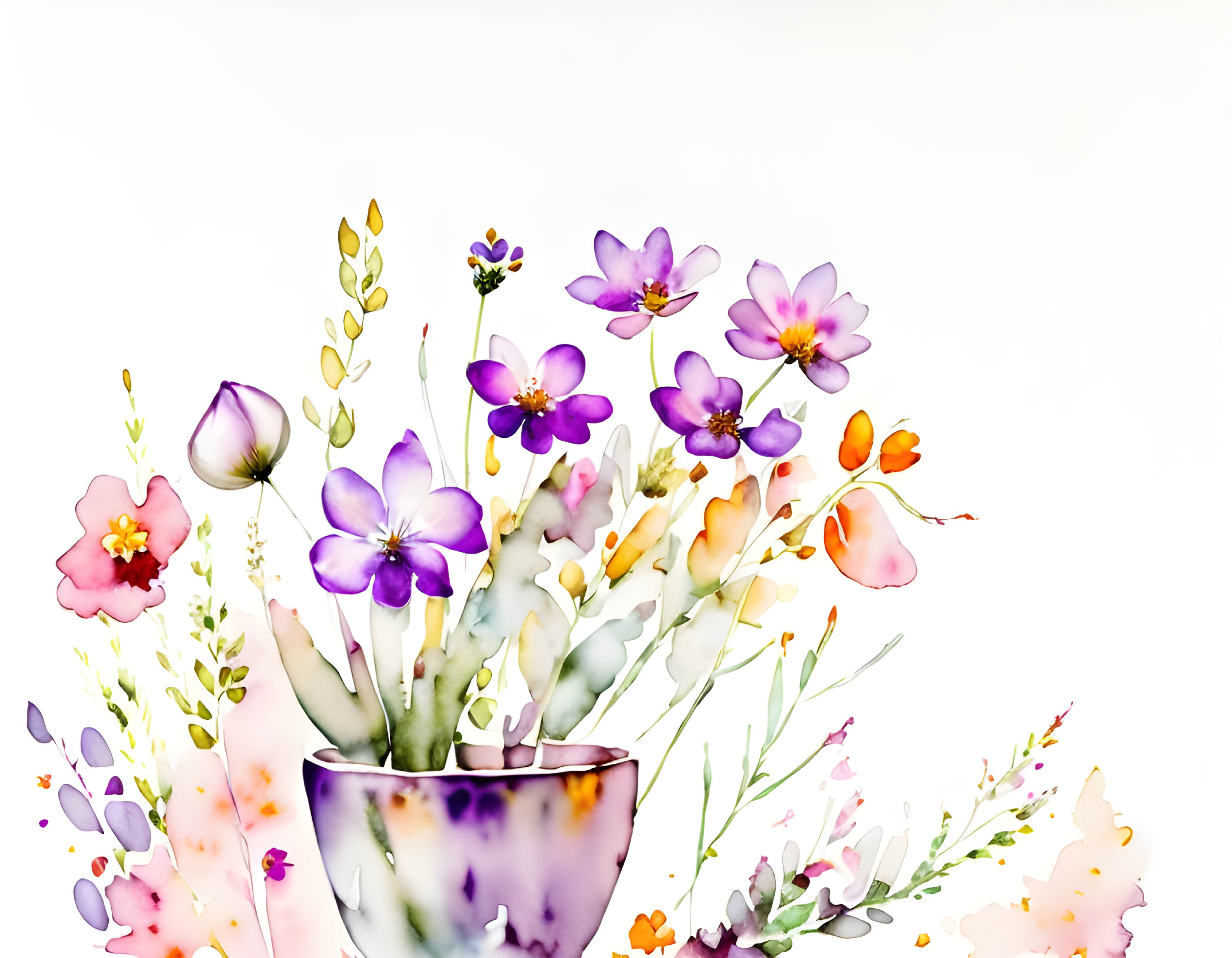 Vibrant watercolor flowers in patterned vase on white background