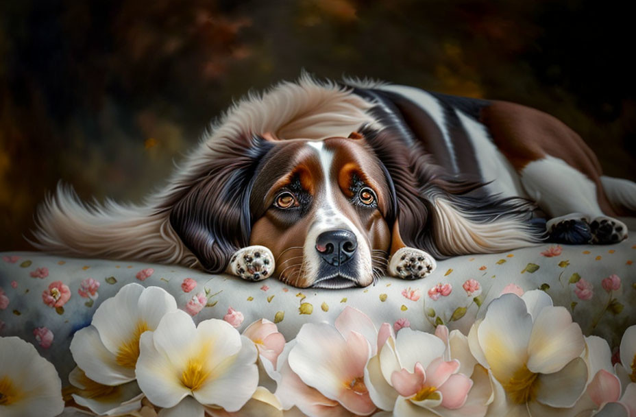 Tricolor dog with floppy ears in flower field