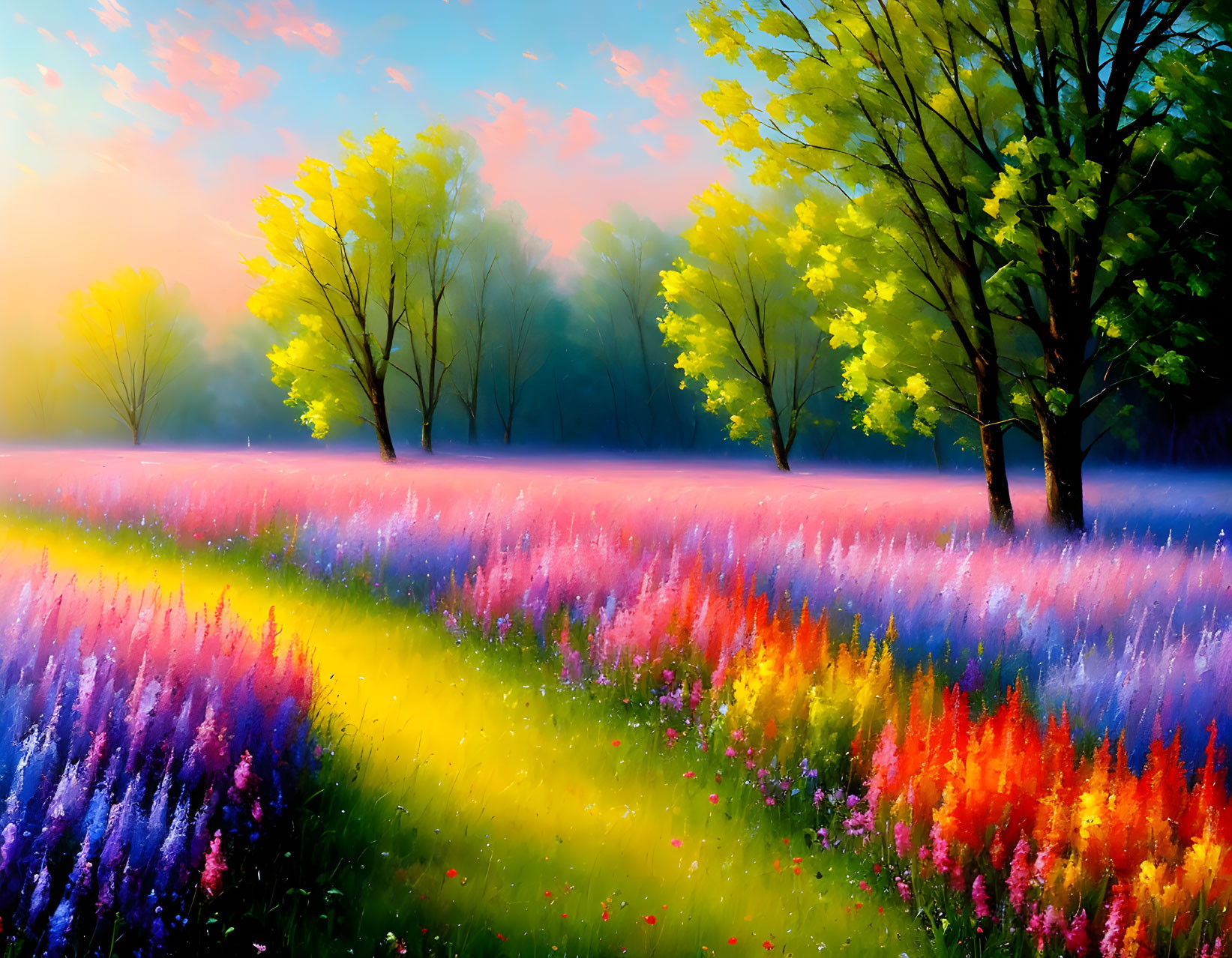 Colorful Landscape Painting: Field of Flowers and Trees