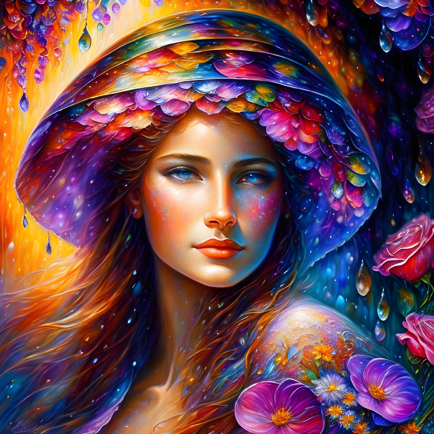 Colorful Floral Hat Woman Portrait with Galaxy Skin and Vibrant Flowers