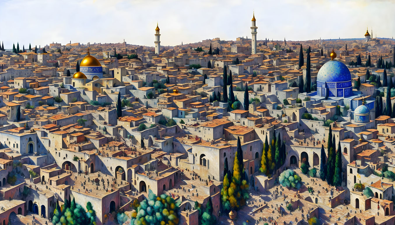 Historic cityscape with domed buildings and minarets in warm tones