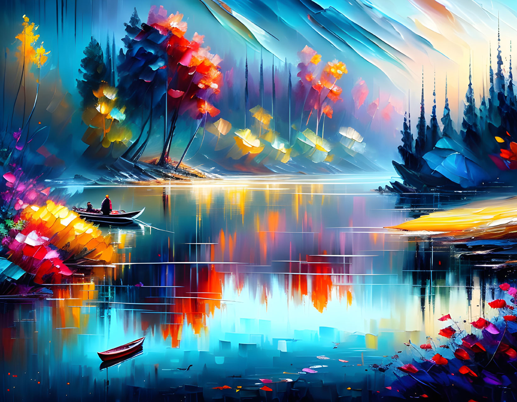 Colorful Forest Lake Scene with Rowing Boats